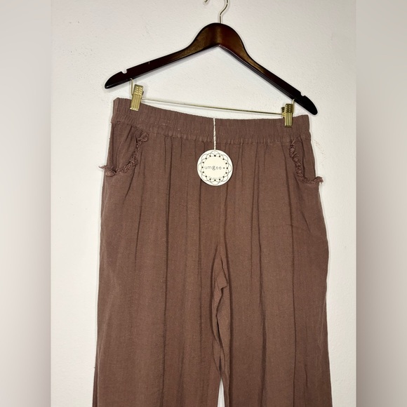 UMGEE NWT BROWN FRAYED HEM LINEN FLOWY CROPPED PANTS SZ XL - Picture 2 of 9